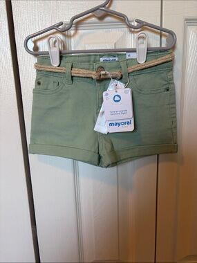 Mayoral Light Sage Green High-Waist Girls' Shorts with Braided Belt
